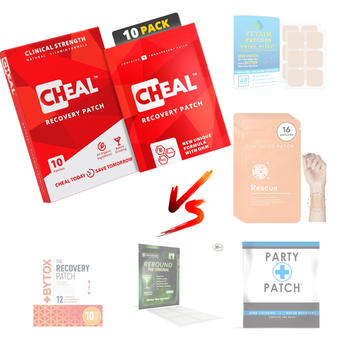 CHEAL recovery patch boxes next to other hangover patches: Yetaim, The Good Patch Rescue, Bytox, Rebound and Party Patch