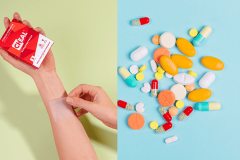 A Cheal patch being applied to a forearm next to a pile of vitamin pills