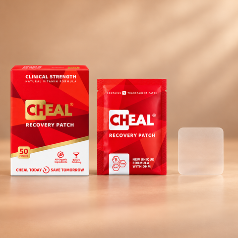 CHEAL hangover recovery patches, 50-pack box beside a wrapped patch and a clear patch