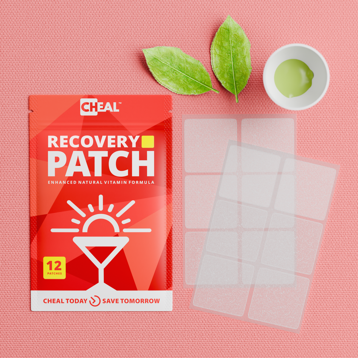Cheal Recovery Patch pouch with clear vitamin patches, green leaves and a cup of green tea