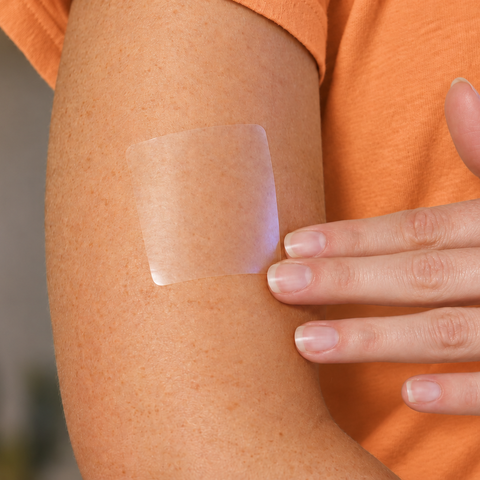 A clear CHEAL recovery patch on the upper arm