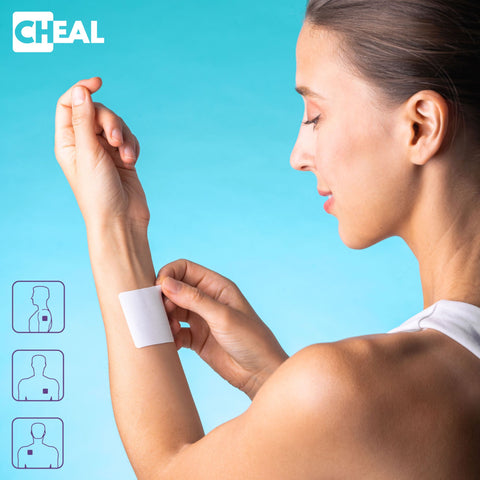 Woman applying a CHEAL multivitamin patch to the inside of the wrist, with icons of other places to wear it